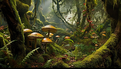 Exotic fungi and moss thriving in a damp forest.