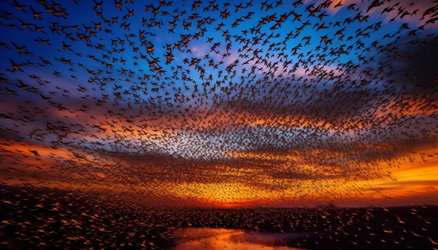 A murmuration of starlings creating patterns in the evening sky.