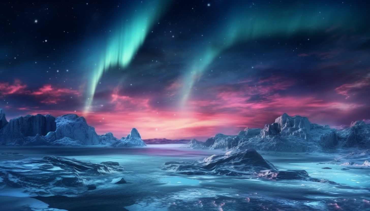 An icy tundra under the glow of the northern lights.