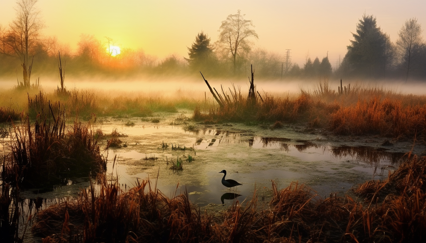 A misty marshland at dawn, filled with sounds of awakening wildlife.