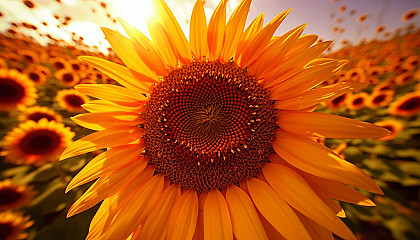 An ant's eye view of a towering sunflower.