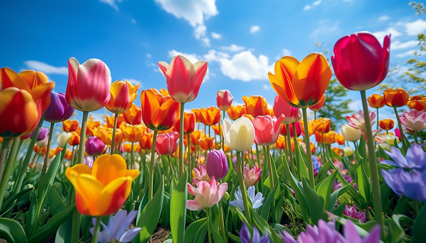 An array of multicolored tulips blooming in a field.