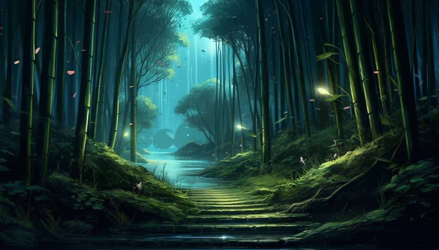 A moonlit path through a tranquil bamboo grove.