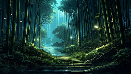 A moonlit path through a tranquil bamboo grove.