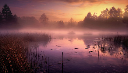 Wisps of fog hovering over a tranquil lake at dawn.