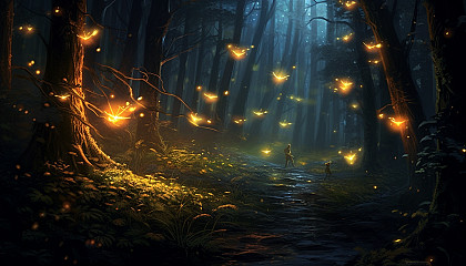 A cluster of fireflies illuminating a dark forest with their gentle glow.