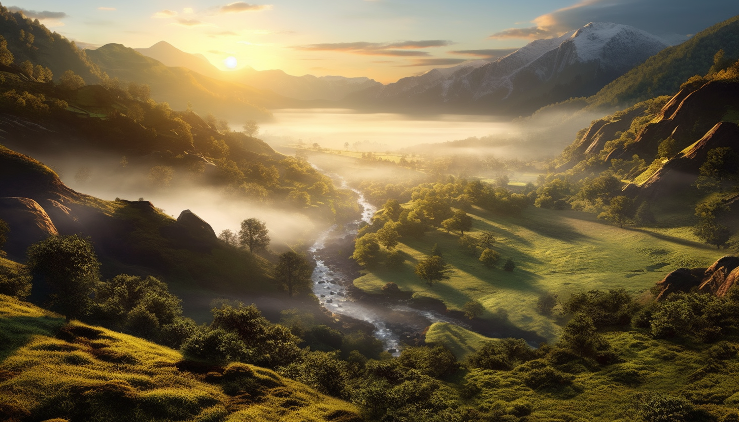 Mist rising from a lush valley at dawn.