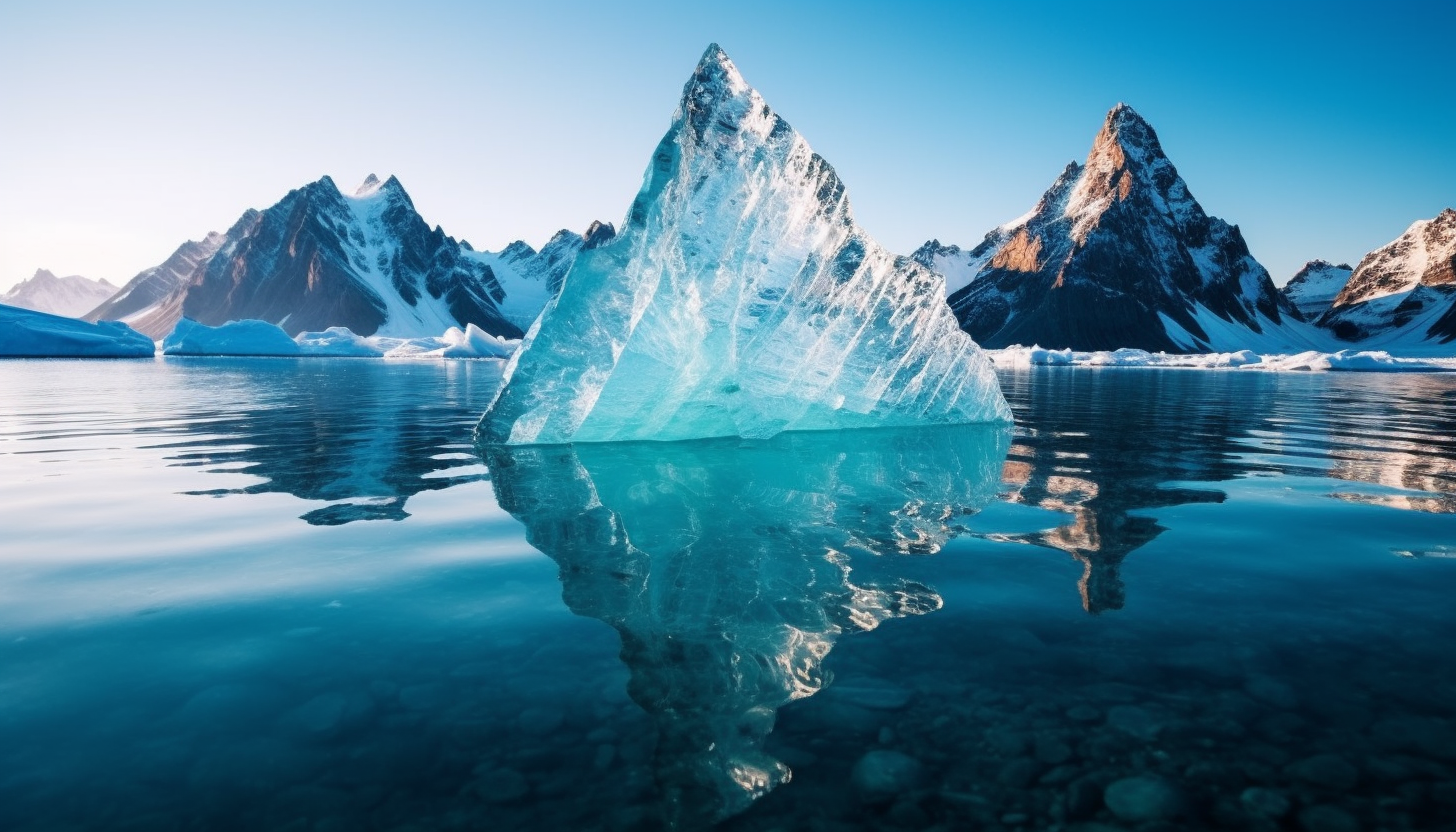 A jagged ice formation on a crystal clear lake.