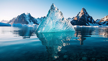 A jagged ice formation on a crystal clear lake.