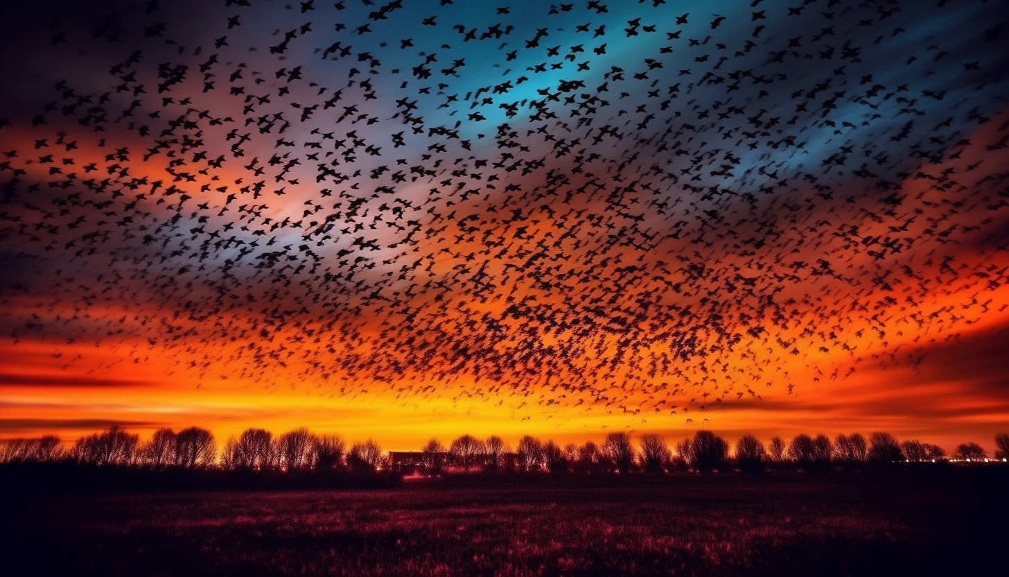 A murmuration of starlings creating patterns in the evening sky.