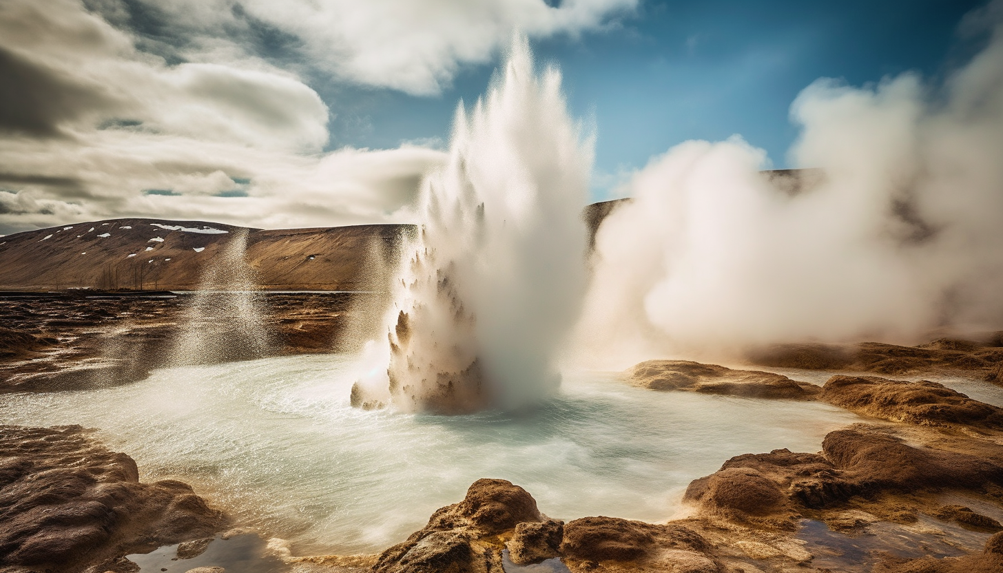 Geysers erupting amidst rugged terrain.