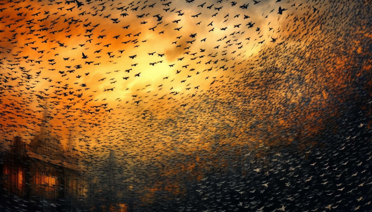A murmuration of starlings moving like a dark cloud across the sky.