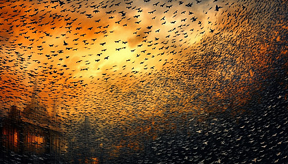 A murmuration of starlings moving like a dark cloud across the sky.