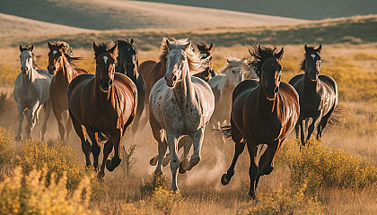 Wild horses galloping freely across open prairies.