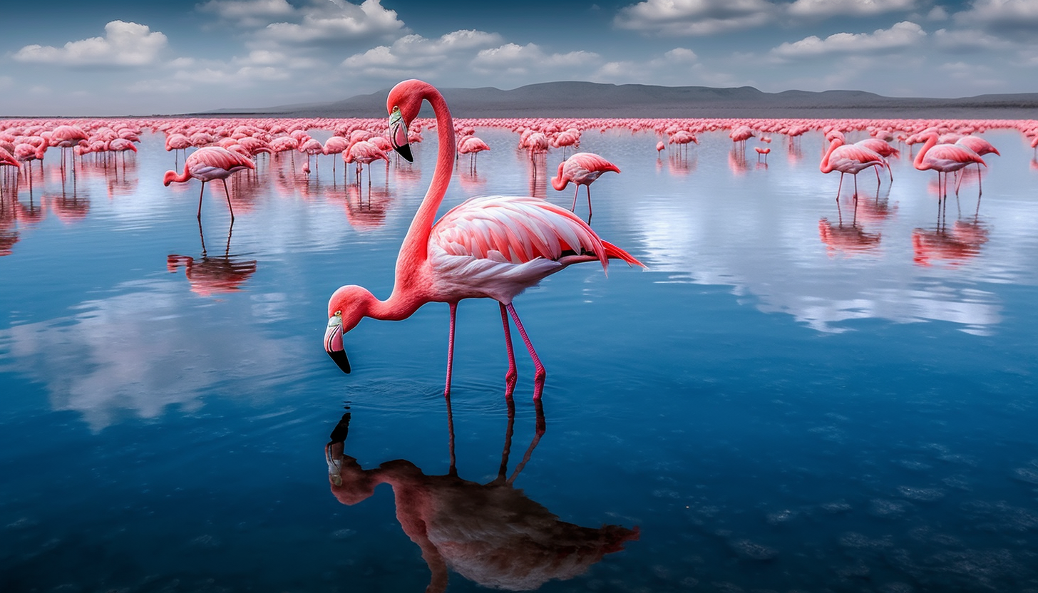 A vibrant flock of flamingos beside a tranquil lake.