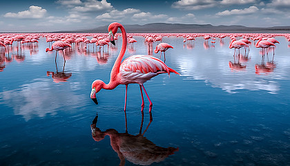 A vibrant flock of flamingos beside a tranquil lake.