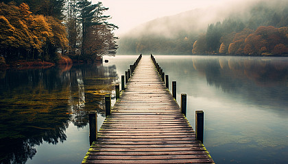 A long, narrow jetty extending out into a serene lake.