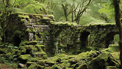 Moss-covered stone ruins reclaimed by nature in a verdant forest.