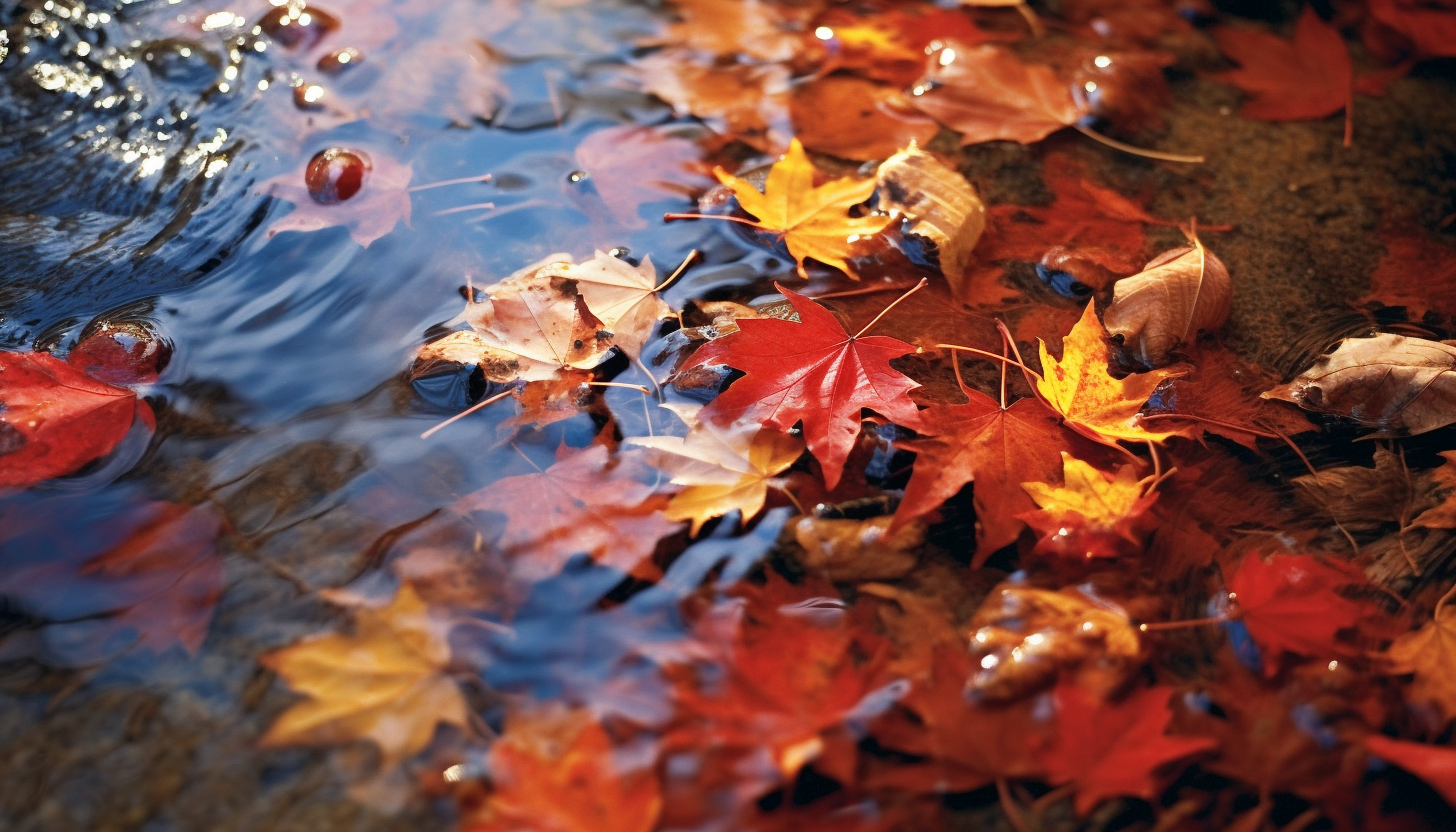 Brightly colored autumn leaves floating down a stream.