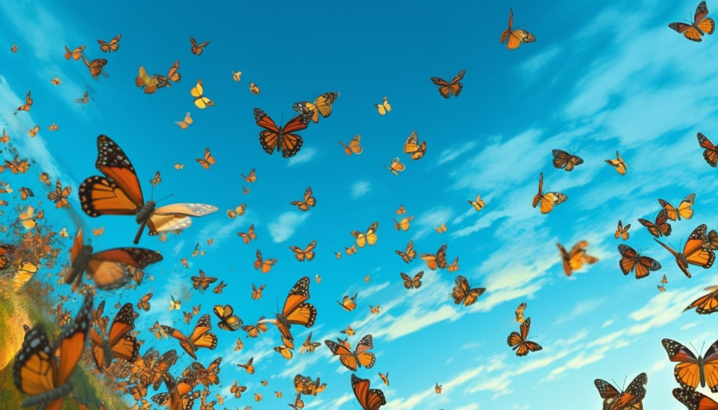 The migration of butterflies across a clear blue sky.