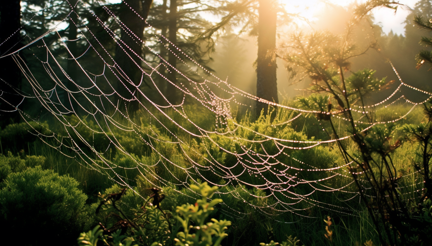 Dew-covered spiderwebs glistening in the morning sun.