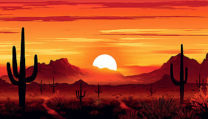 Silhouettes of cacti against a breathtaking desert sunset.