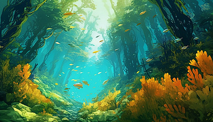 Vibrant kelp forests swaying in the underwater current.