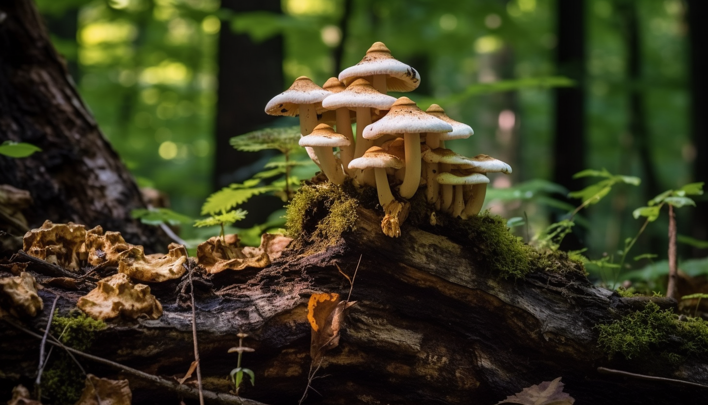 Mushroom clusters growing on an old tree stump in a dense forest.