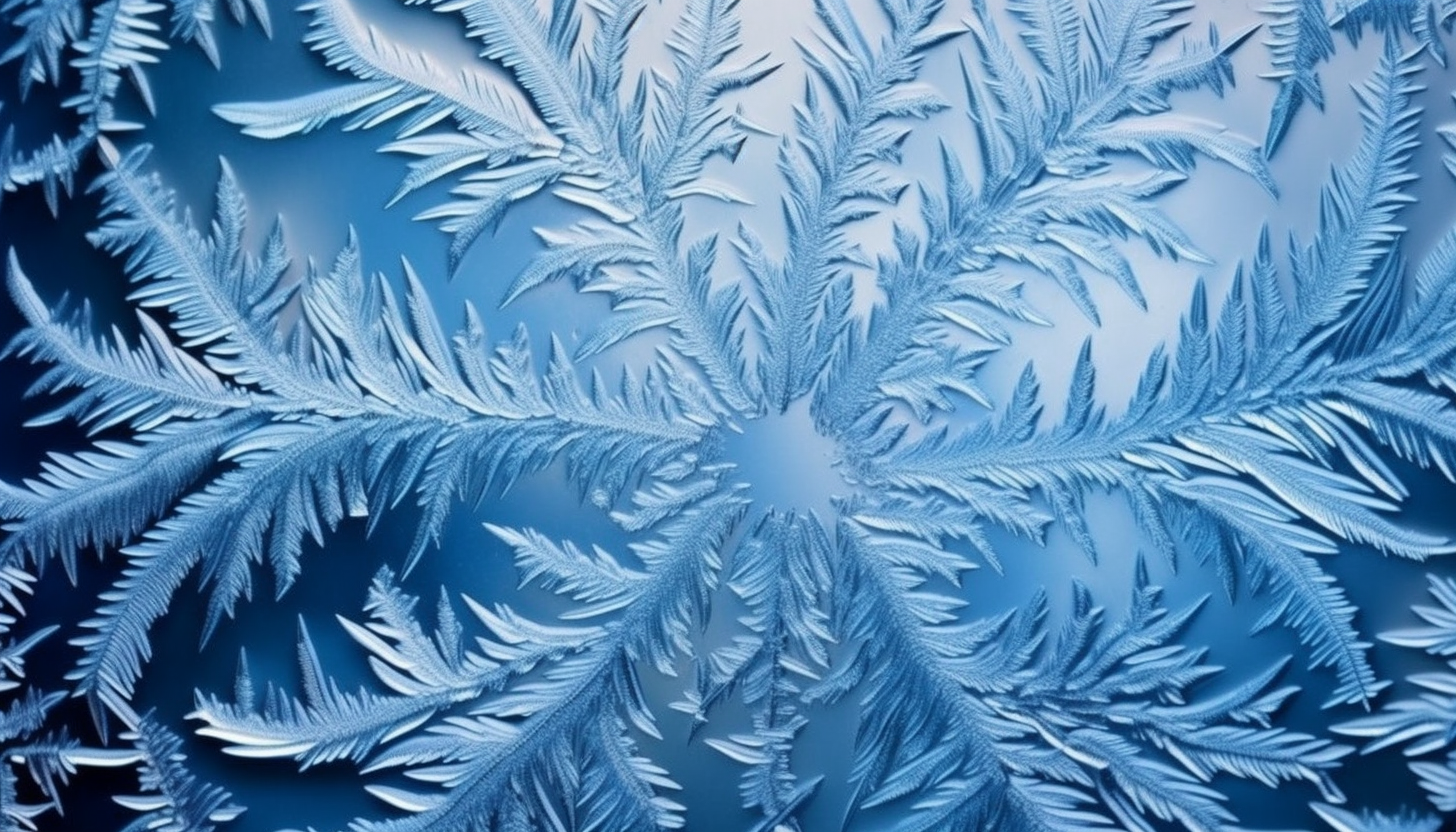 Frost patterns creating intricate designs on a windowpane.