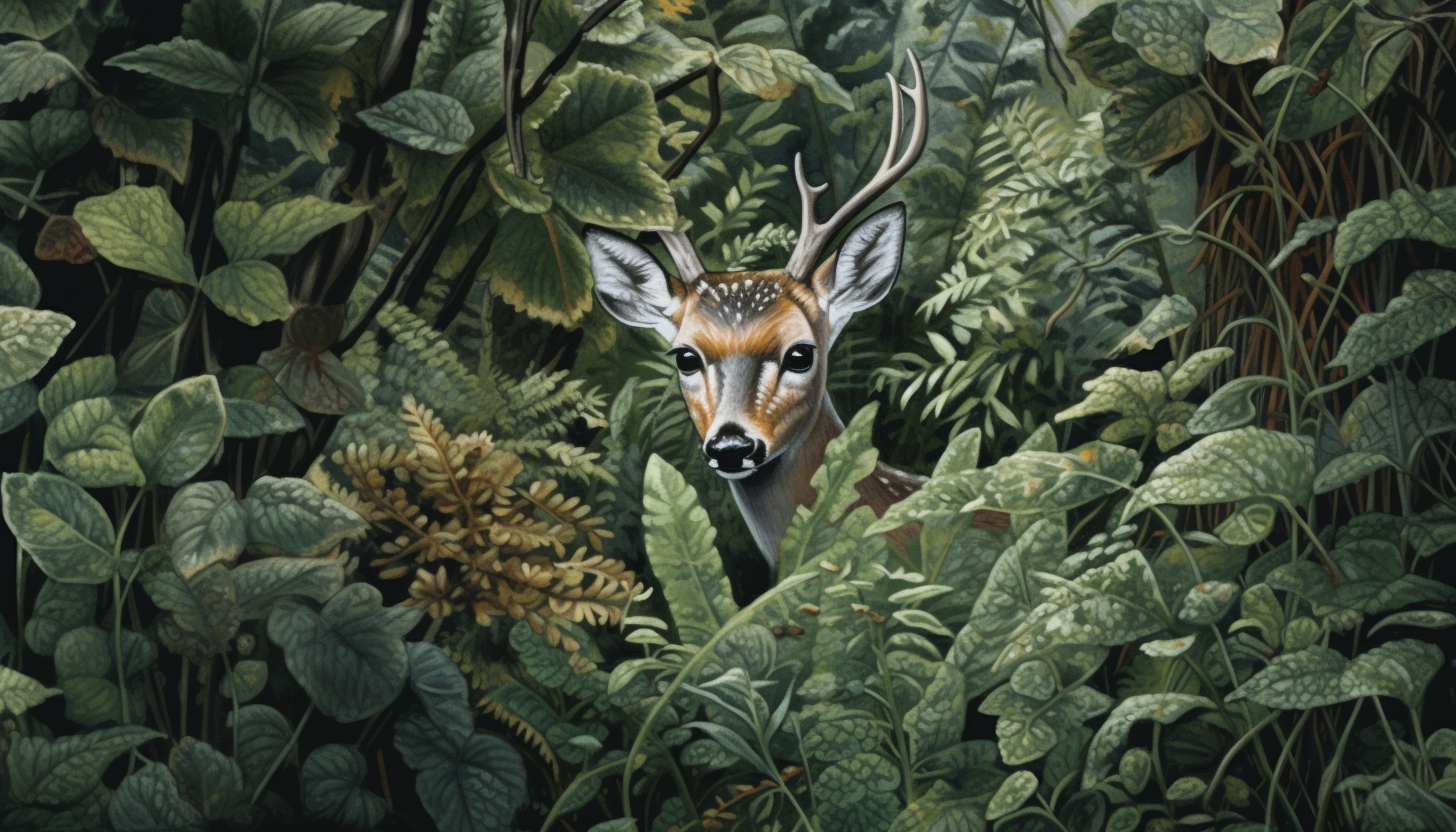 Curious wildlife peeking through the foliage in a dense forest.