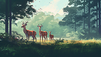A family of deer grazing in a peaceful meadow.
