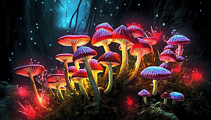 Vibrant fungi glowing in a dense, dark forest.