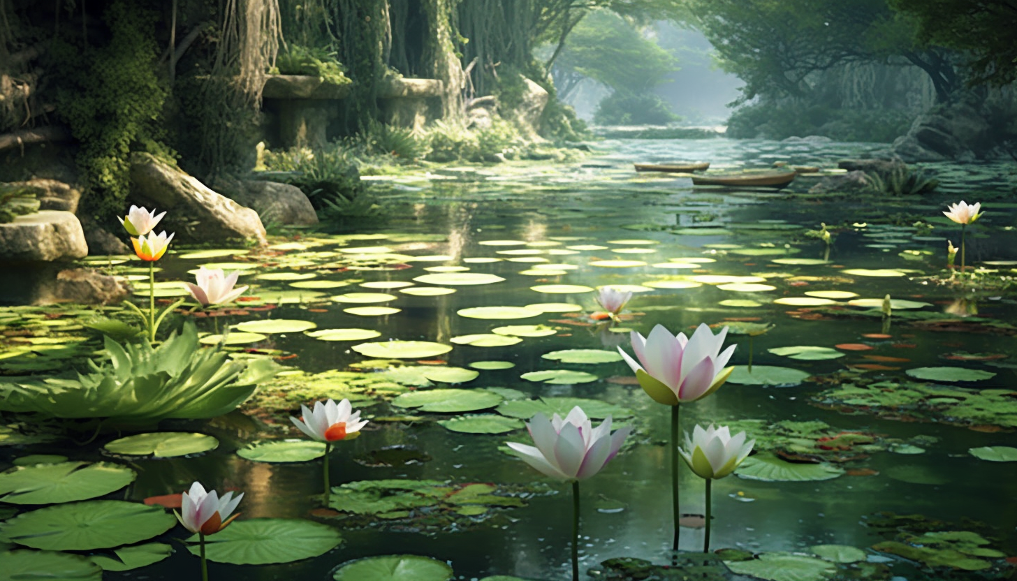 A tranquil pond filled with blooming water lilies and floating leaves.