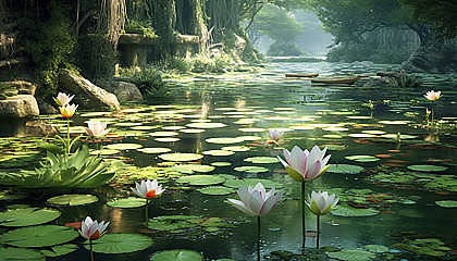 A tranquil pond filled with blooming water lilies and floating leaves.