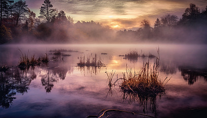 Wisps of fog hovering over a tranquil lake at dawn.