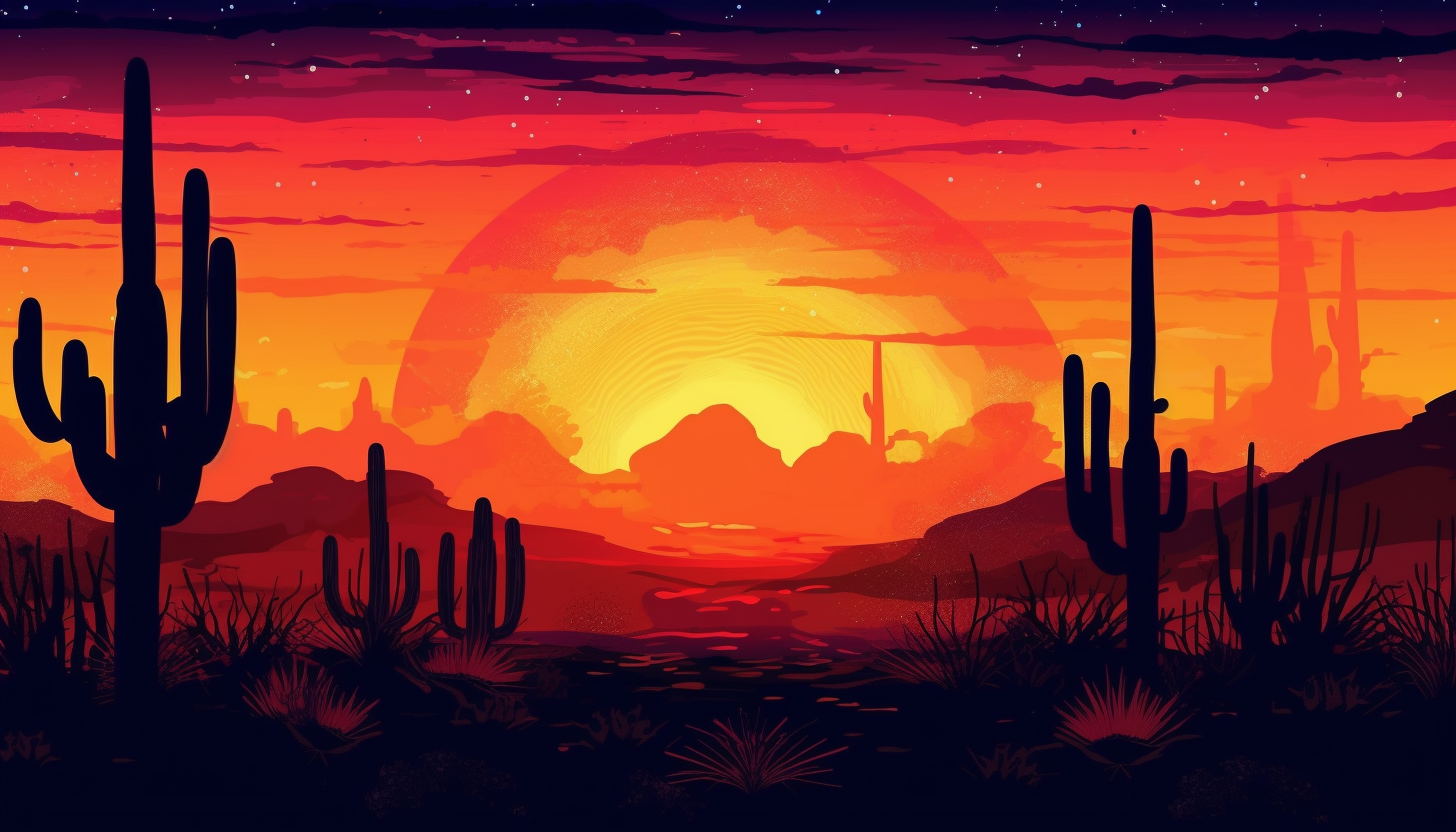 Silhouettes of cacti against a colorful desert sunset.