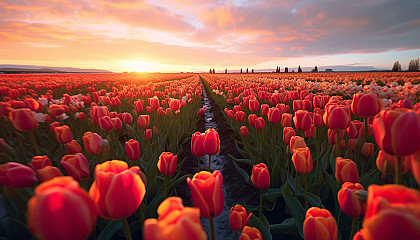 An explosion of color in a tulip field in full bloom.