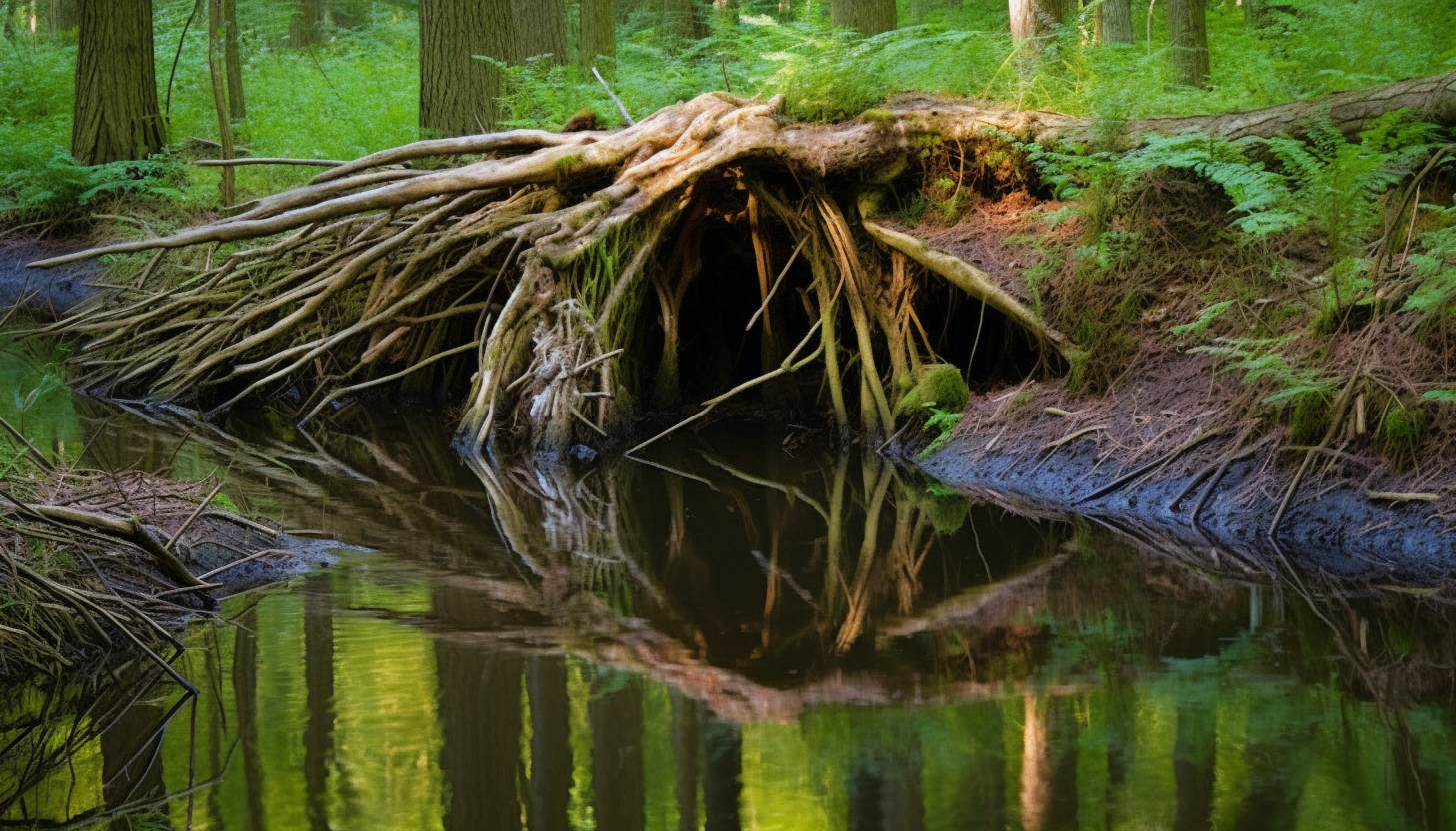 An intricate beaver dam constructed in a serene woodland stream.