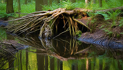 An intricate beaver dam constructed in a serene woodland stream.