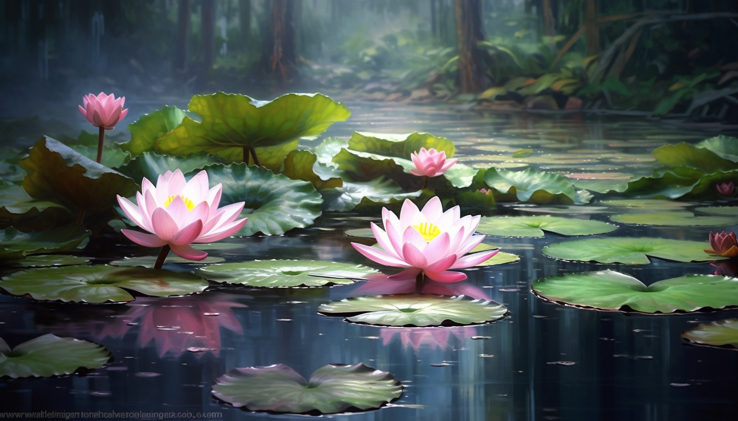 Dew-kissed lotus flowers in a tranquil pond.