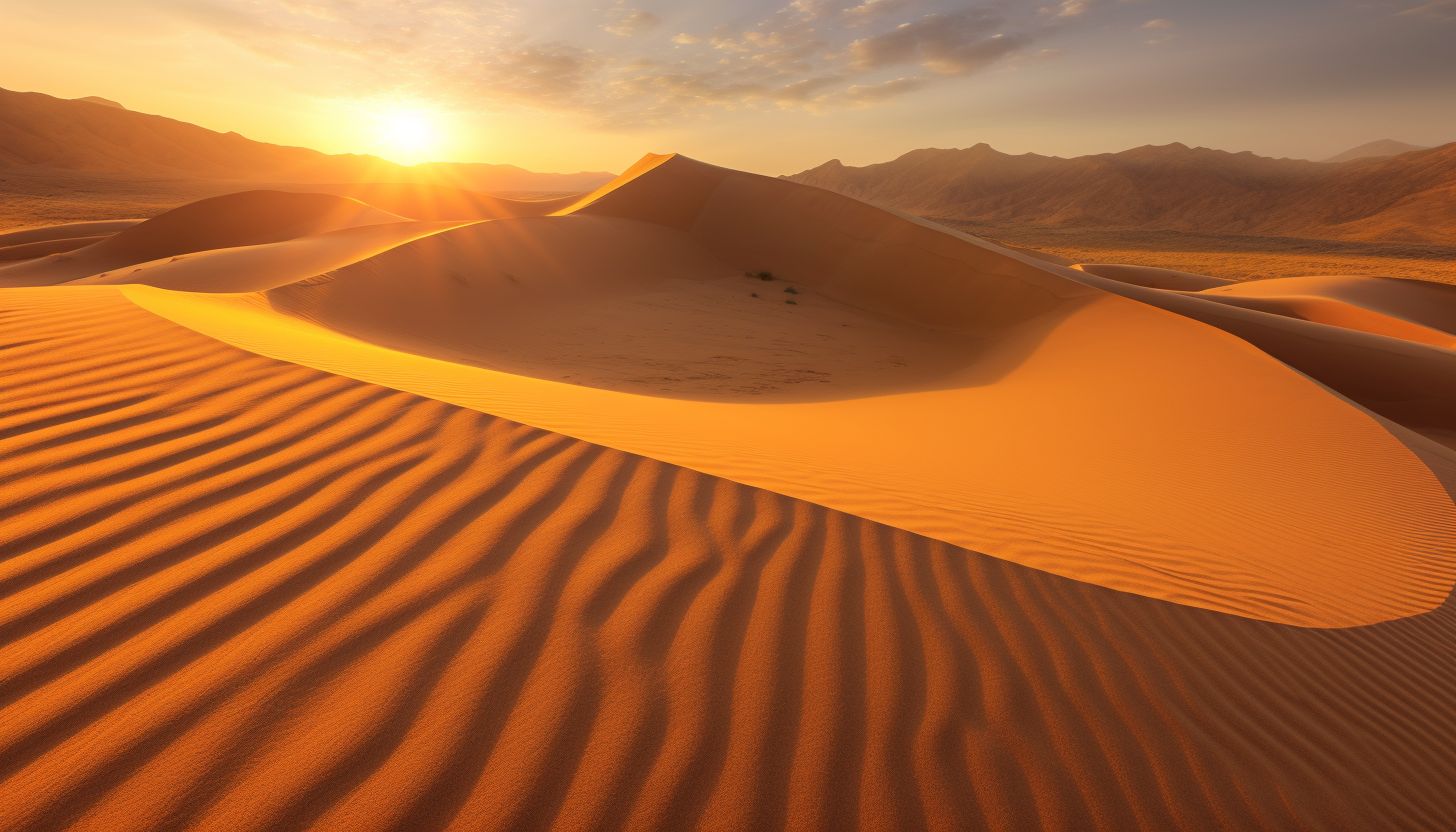 Sand dunes rippling under the glow of a setting sun.