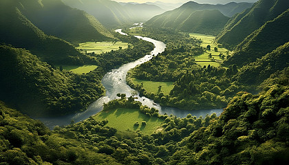 A meandering river cutting through a lush green valley.