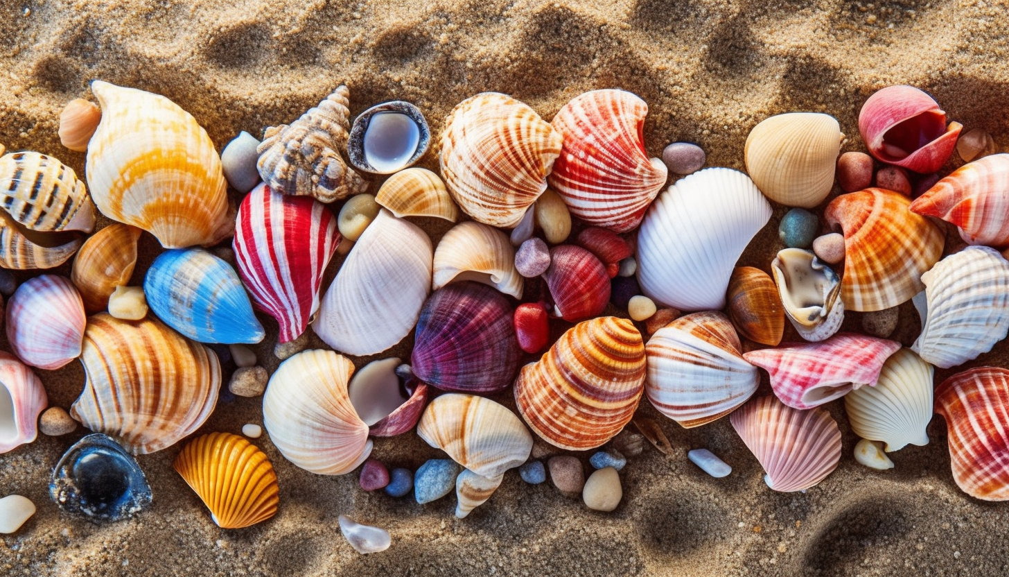 An array of colorful sea shells on a sandy beach.