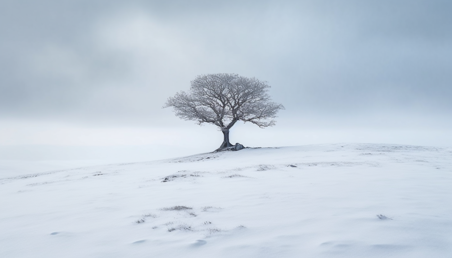 A solitary tree in the middle of a snowfield.