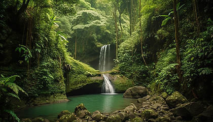 Serene waterfalls hidden within lush, green jungles.