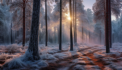 A frosty morning in a silent pine forest.