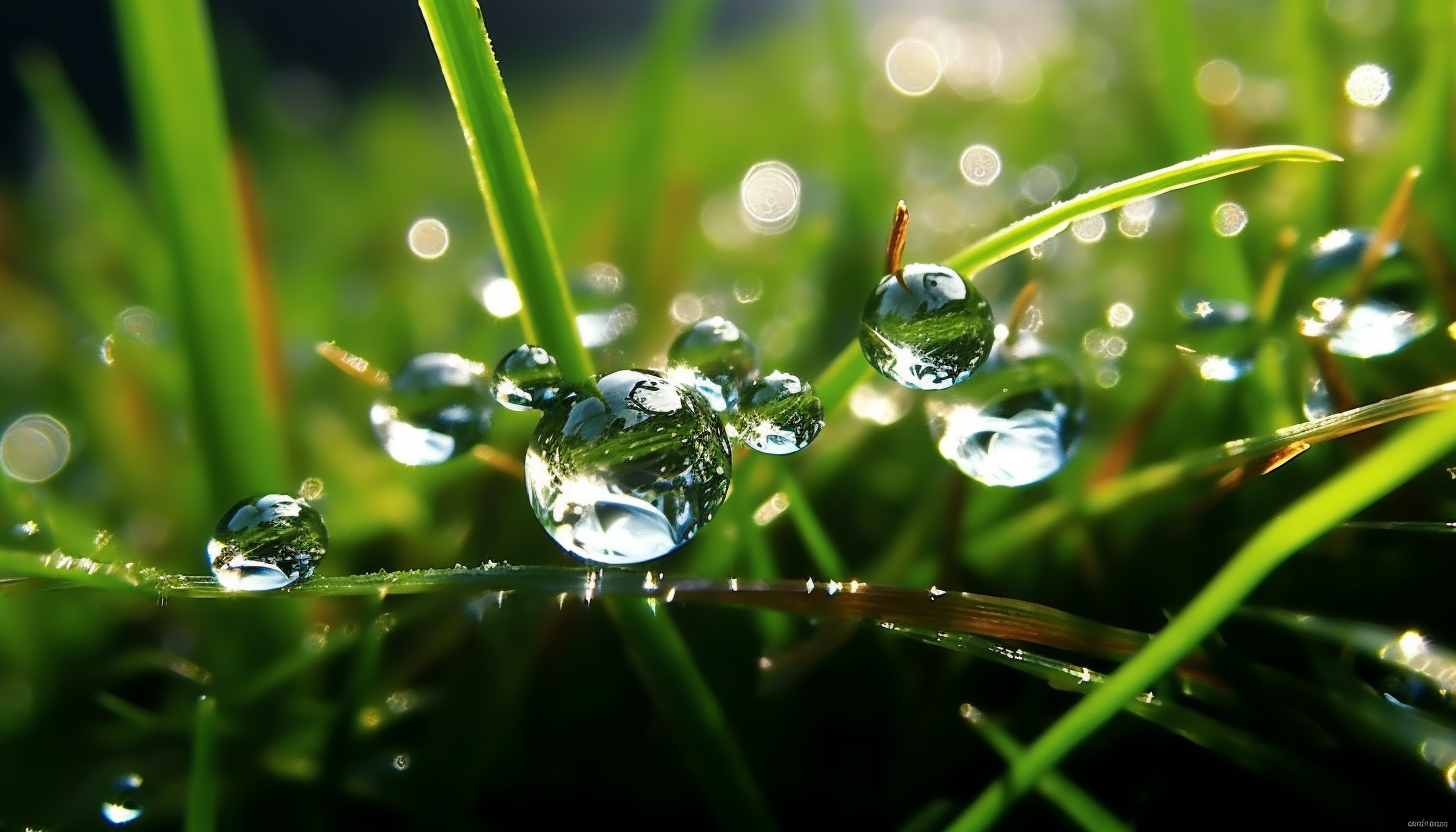 Dewdrops sparkling like diamonds on blades of grass.