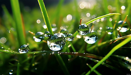 Dewdrops sparkling like diamonds on blades of grass.