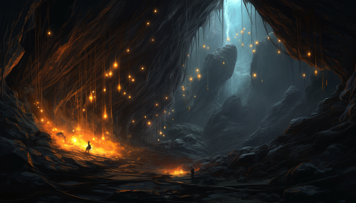 A constellation of glowworms illuminating a dark cave.