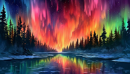 The Northern or Southern Lights dancing across the sky in an array of colors.